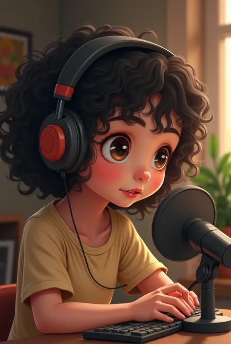 Create the character of a tender girl with curly and dark hair with headphones and microphone making a podcast 