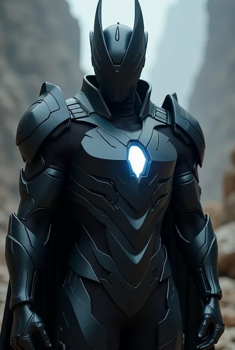 A Sci-Fi armor Deep black armor top of his head a crown glowing is white light 