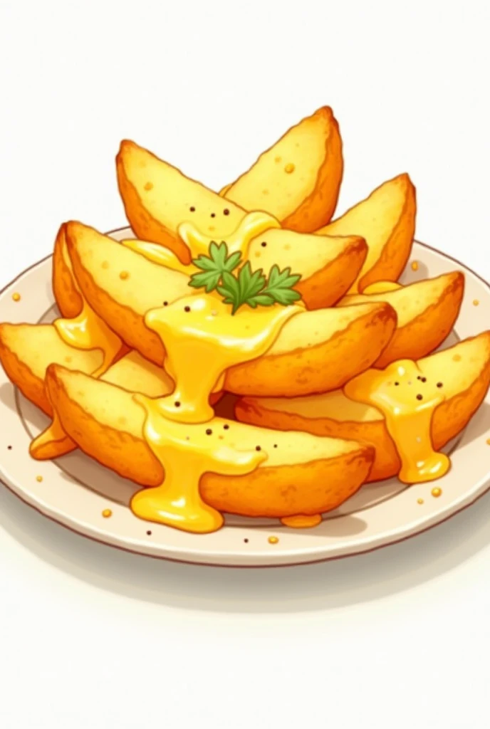 Make a 2D outline drawing of a potato and cheese portion 
