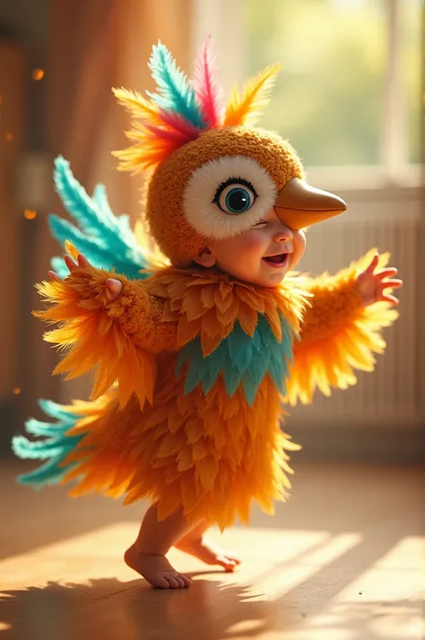 Baby in a dancing bird costume.