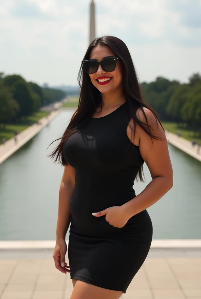  curvy brunette woman wide hips , thick legs and defined waist ,  round face red lips smile with black sunglasses long straight hair black dress beige dress obelisk background from Washington DC, Flat Pasoo Verde 