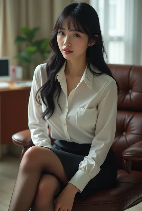 Stylish photography, Korean beautiful teenage girl, long black hair,(Elite secretary of the upper class in light underwear), Sitting in a chair and working in the office、 (Wearing pantyhose)、crossed legs, Wear high-end high heels、 (thighhighs and skirt), S...