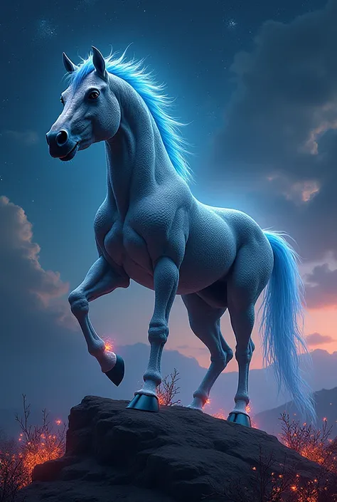 "Imagine a breathtaking hybrid creature that merges the strength and grace of a horse with the primal features of a dinosaur. It stands proudly on a rocky hill, its powerful horse-like body adorned with a sleek mane, while its head and tail resemble that o...