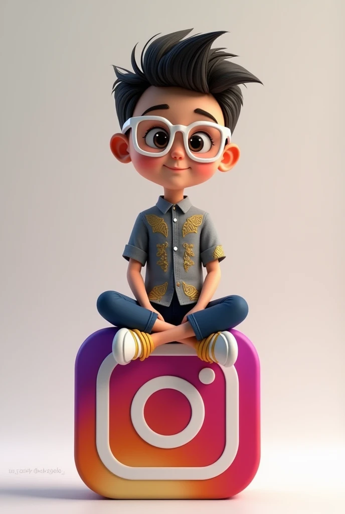 Create a 3D illustration of an animated character sitting relaxed on top of a social media logo wearing a gray batik shirt with gold motifs and wearing white "INSTAGRAM" glasses. Characters should wear modern casual clothing. The background of the image is...