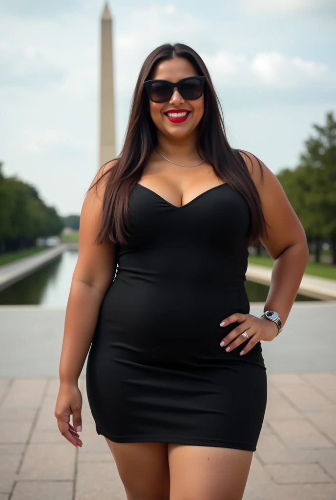  curvy brunette woman wide hips , thick legs and defined waist , round face red lips smile with black sunglasses long straight hair black dress light brown obelisk background Washington DC, Flat Pasoo Verde 