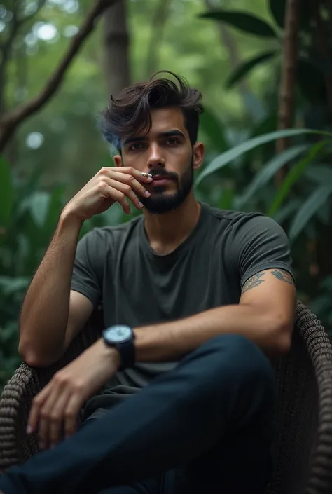 a photo of young man smokingcigarette sitting on chair in the garden, male focus, watch, wristwatch, cigarette, smoking, facial hair, shirt, sitting, pants, beard, holding cigarette, arm tattoo