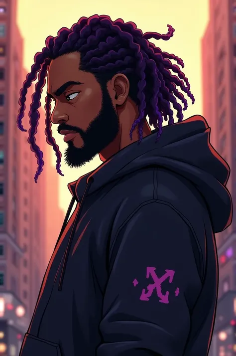 A stylish young African American man in profile view, facing to the left. He has shoulder-length dreadlocks with vibrant purple tips, cascading naturally and framing his face. His scruffy beard adds a rugged, confident charm to his intense and focused expr...