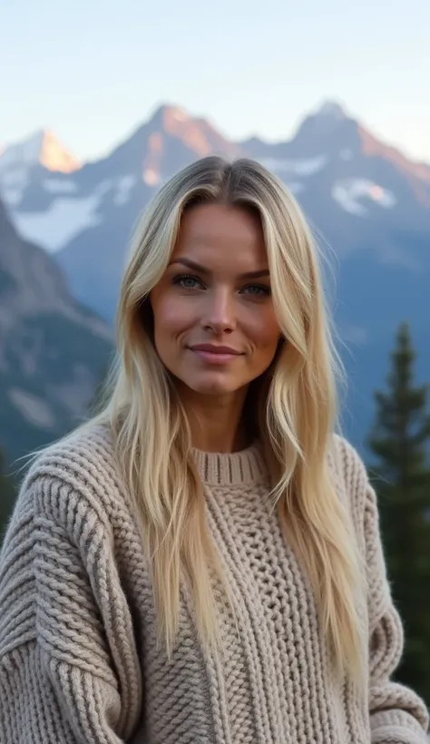 A 37-year-old woman with straight blonde hair, wearing a cozy sweater, standing in front of a mountain range.