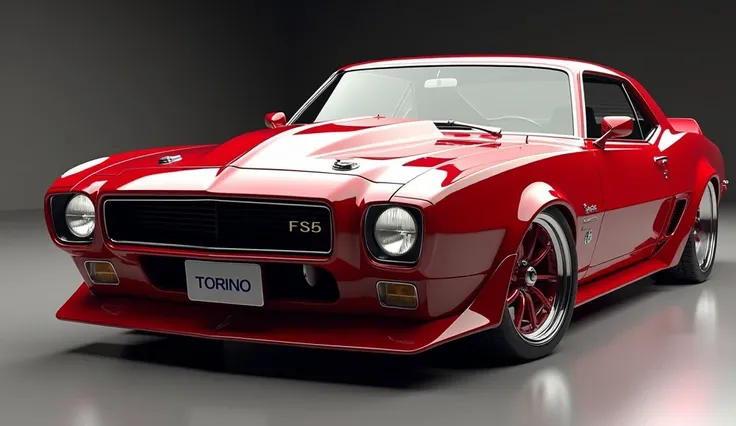 Create a 3D render of a car design featuring the OLD MODEL [ FORD TORINO COBRA] . The car should be viewed from the [front right SIDE] in painted red ]. Include a [FORD  Logo] prominently on the [front]. The headlights should be [white],. The license plate...