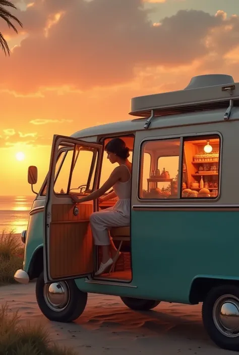 Create an image of a woman having her own little bakery inside a minivan. The outside view should have a great sunset view. (The bakery should be emphasize. It is also a semi-house. Make it simple but a bit cute)