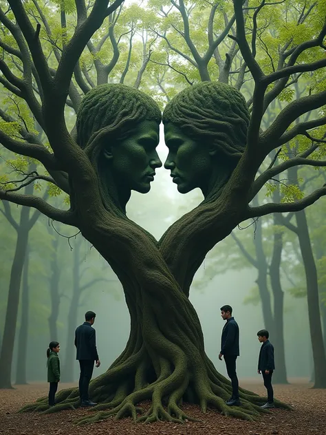 A tree with the shape of a man and woman loves head photo but There will be two or four people