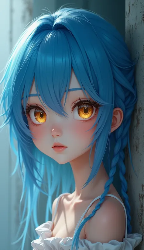 portrait of an anime character hyper realistic blue hair gold eyes --v 6.0 --style raw --s 250