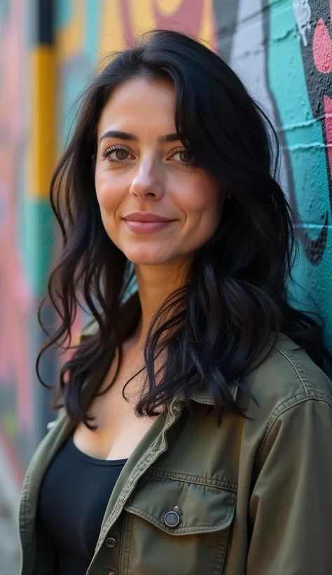 A woman aged 36 with wavy black hair, wearing a casual jacket, standing in front of a street art mural.