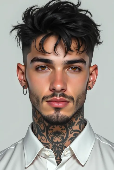 young man with tattoos andpiercing, male focus, facial hair, black hair, shirt, realistic, white shirt, brown eyes, short hair