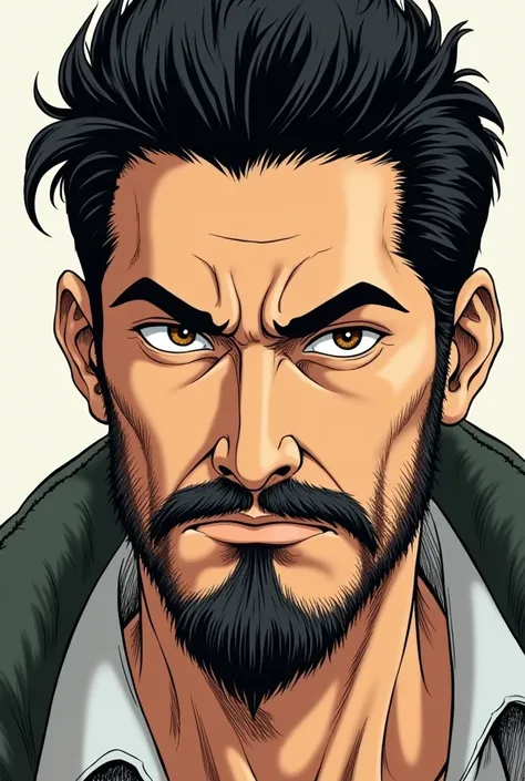 Manga character, Adult man, black hair brown eyes, A little moustache, a little beard slightly thick eyebrows