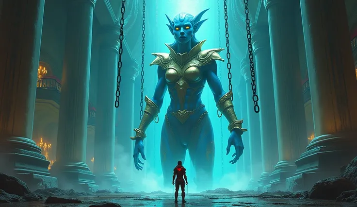 "Design a visually stunning, science fiction scene set in a colossal, alien chamber illuminated by ethereal blue and green lights. At the heart of the composition, depict a towering alien woman with luminous blue skin, glowing eyes, and intricate golden ar...