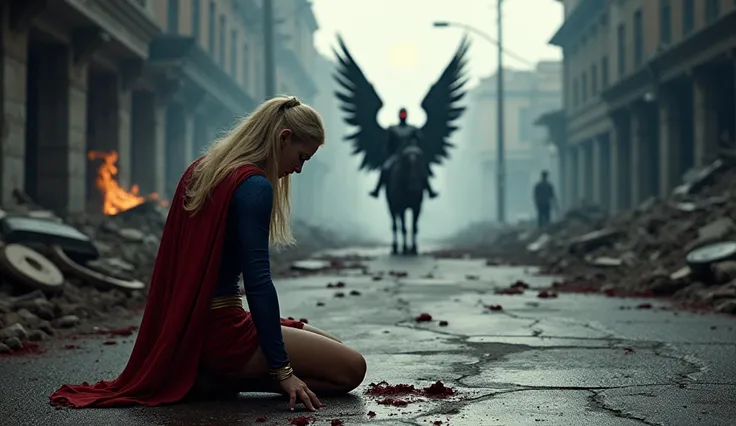 The blonde woman dressed as Supergirl kneels in the destroyed street, her body shaking in despair as she cries, overwhelmed by the destruction around her. The lifeless bodies of people are scattered across the sidewalk, pools of blood staining the cracked ...