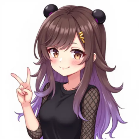 Anime Caricature logo of female, Brown eyes, Brunette ombre to purple long hair side parting, Fishnet sleeves., Black top, Black and purple eyeshadow, Peace sign with one hand,1girl, Solo, Long Hair, High Resolution, Breasts, Blush, Earrings, Horns, moon H...