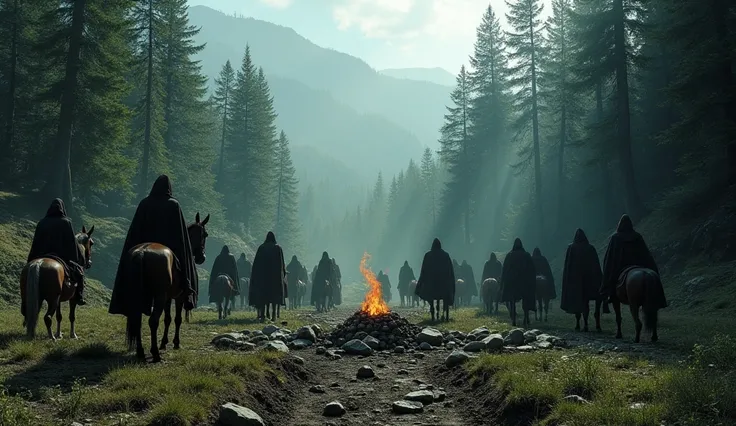 "An expansive forest in a mountainous region, with sunlight barely piercing through the thick foliage. A group of riders, cloaked in dark robes, gathers in a clearing. At the center lies a freshly dug grave surrounded by stones and a single, unlit torch, s...