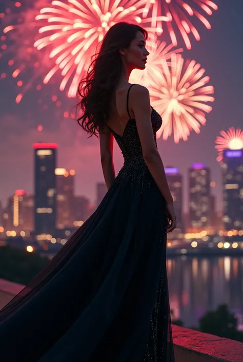 a beautiful woman gracefully wears a black dress with fireworks background in the city at night