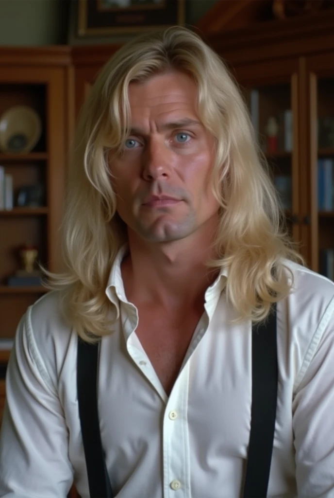 dvd cloth capture, from a 1982 movie ,Man with long blond hair,  blue eyes with a physical disability on the left side of the face,  wearing white dress shirt and black suspenders in an office with wooden details at home. 