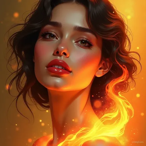 Young womans lips, that embodies the energy of the flame.  The photo background is gold. painted style. charming woman  