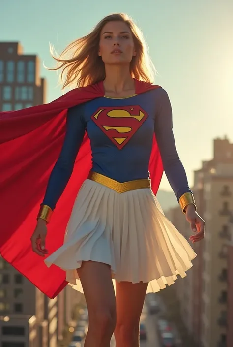 Super girl with red cape and white pleated skirt and is on a building shooting lasers and her belt is golden wrist was made of gold and has the letter S ln her shirt and her white pleated skirt was blown up by the wind