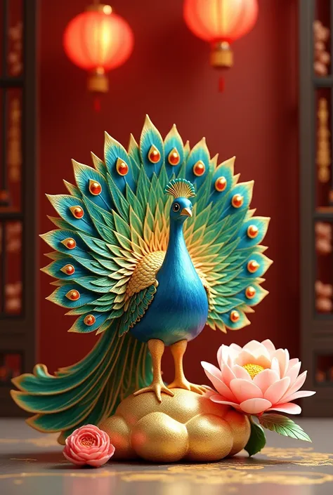 Real photography pictures, a gorgeous peacock craft ornament is placed on a wooden table, the overall shape is exquisite and full of artistic sense. The peacocks feathers are colorful with "eye spots" pattern, the center is dark blue, the outer edge is eme...