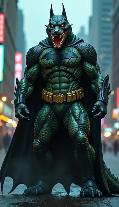 A cinematic hybrid fusion of a crocodile and Batman in an intense urban setting. The hybrid creature possesses a muscular, armored body with crocodile scales merging seamlessly with Batmans iconic suit. Its glowing, piercing eyes radiate menace, and its sh...