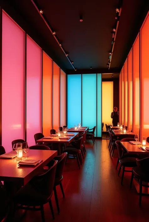 Create a restaurant for 20 people ,  with an Omakase style but modern and elegant with glass illuminated with RGB lights that change color forming gradients 