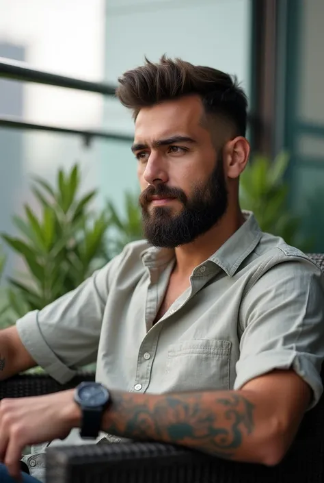 a photo of young man sitting on chair in the terrace, male focus, watch, wristwatch, facial hair, shirt, sitting, pants, beard, arm tattoo