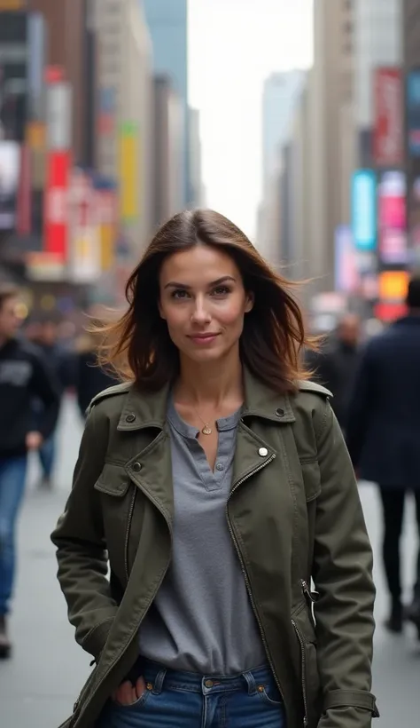 A woman of 35 with medium-length brunette hair, wearing a casual jacket, walking through a bustling downtown area.