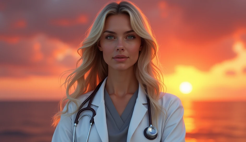 
(photorealist)
"A 40-year-old female doctor with long blond hair ,  fair skin , clear eyes and serene expression.  She wears a white coat and has a stethoscope hanging around her neck , with a gray blouse underneath .  The backdrop in the background shows...