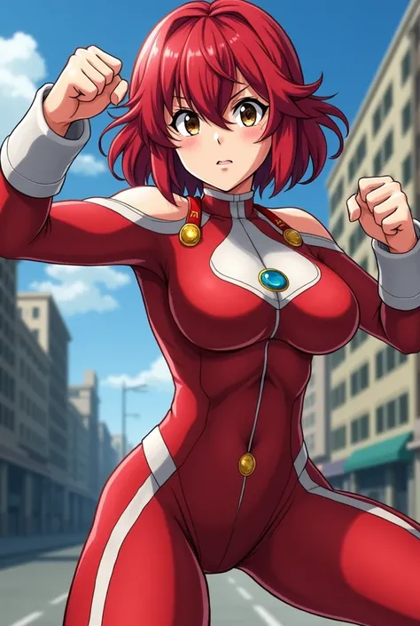       My Hero Academia Style     ,   anime girl  , woman, young woman ,    full body shot  ,(Fighting Pose :1.3),  long hair, Red Hair,    brown eyes,  hero suit,   full body suit,   red suit with white details,small round blue jewel in the center of the c...