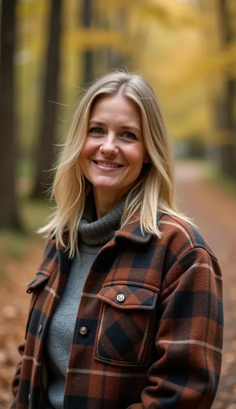 A 35-year-old woman with shoulder-length blonde hair, wearing a plaid jacket, standing in a forest in the fall.