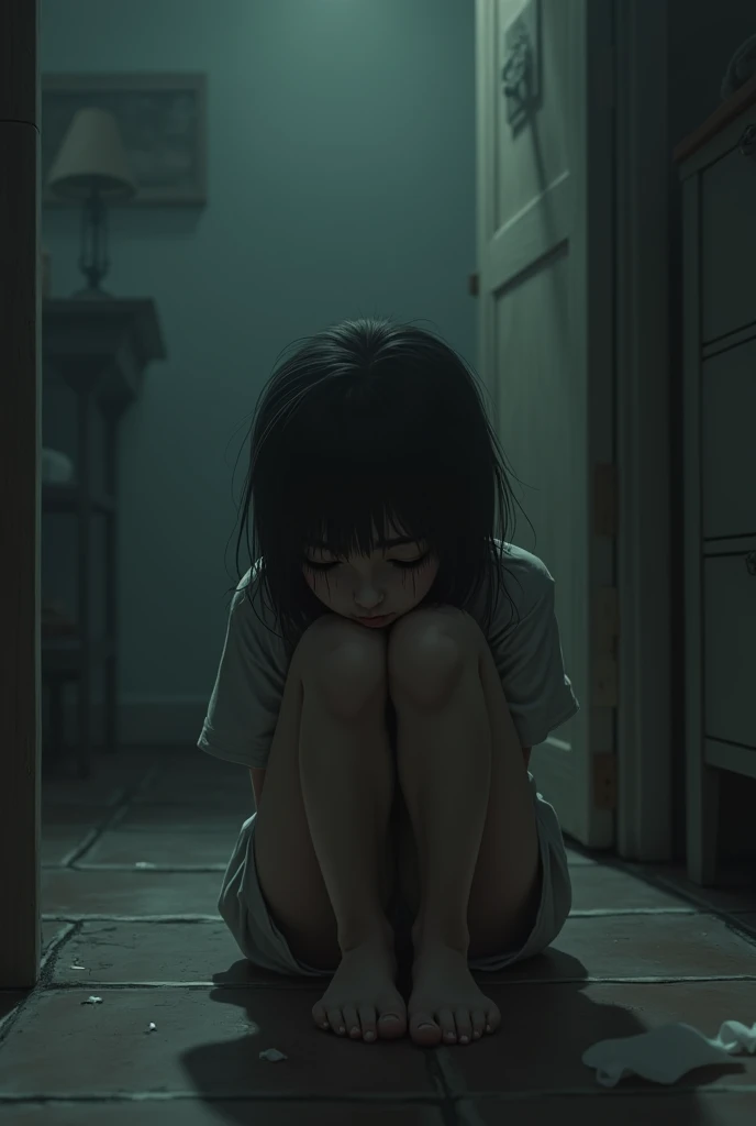  Girl in her room,  scared  ,  sad , alone , Sitting and the floor 
