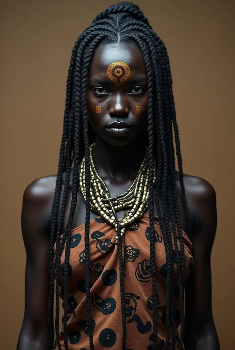 Ndapandula is a tall woman ,  with black skin and a fierce expression . Your hair is long,  woven in intricate patterns that reflect her status as a spiritual leader.  She has war marks tattooed on her face and body ,  and her posture is firm and dominant ...