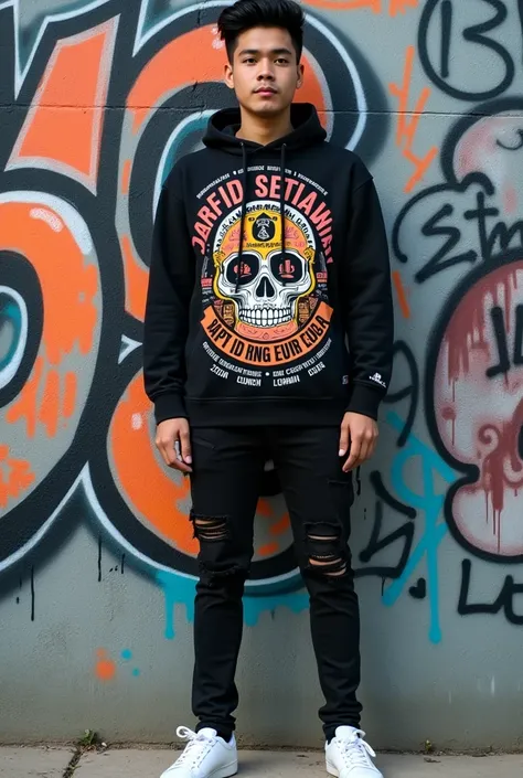 
Full length view of a 25 year old Asian young man in front of a graffiti covered wall. The man was wearing a black hoodie with a graphic design featuring various patterns, symbols and text. The design is colorful, with orange, red, black, white and a hint...