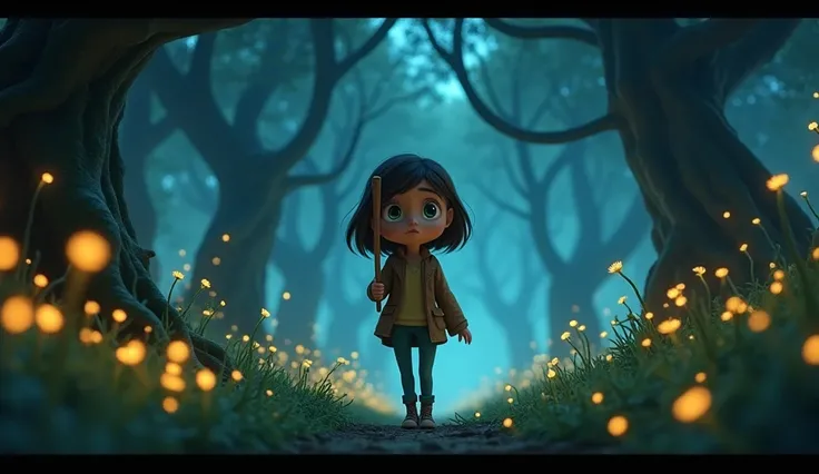 " A mystical forest illuminated by glowing, bioluminescent plants and fireflies.  The trees are huge ,  her roots twisting on the ground like snakes . Lens In the foreground,  Lyra advances cautiously ,  her hand holding a wooden staff . She has shoulder-l...