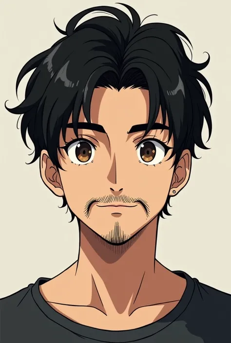 Adult teenage men, black hair, brown eyes slightly thick eyebrows, manga character, little moustache, a little beard, half masculine