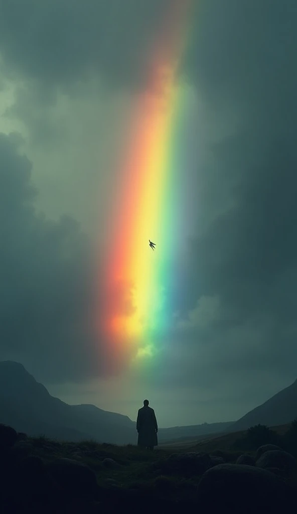 A rainbow appearing over a dark landscape, indicating the arrival of victory.