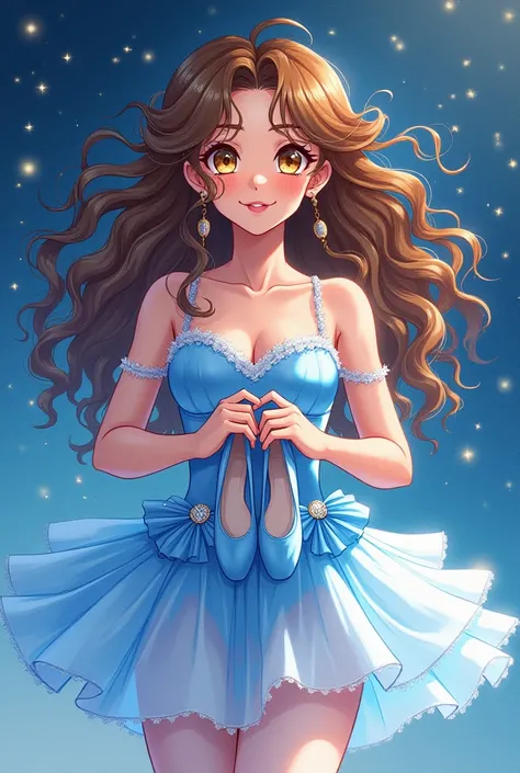 A woman that is a ballerina. She has really long curly brown haired with shiny golden eyes holding Blue ballet slippers. There is magic flowing and stars surrounding her. She is brave and smiling. CLAMP Tsubasa Chronicles drawing style.