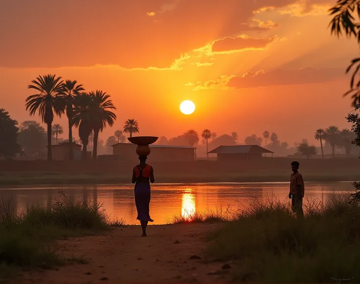  The sun rises over the Nile, bathing the sky in golden and red hues. The village along the river features mudbrick houses and palm trees. Villagers begin their day— a woman walks with a clay jar on her head, and a farmer is already tending to his fields.