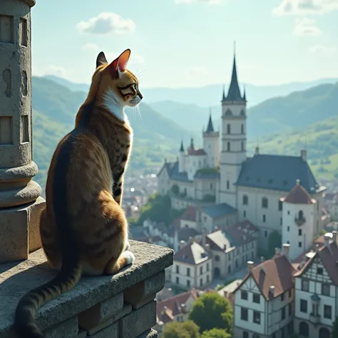  A cat looking at a white medieval city, View from a tower , epic, 4k