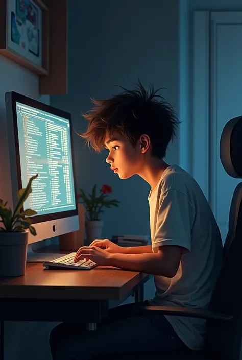 A teenage boy with frizzy hair and brown skin and wearing a J shirt in front of a computer 