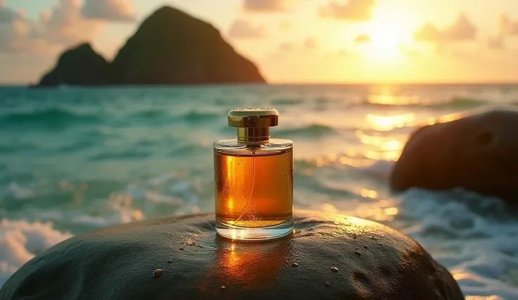 A cinematic aerial view of Fernando de Noronha with its iconic Morro Dois Irmãos surrounded by emerald green waters and white waves. Transition to a luxury perfume bottle placed on a smooth rock near the ocean, with the golden sunset reflecting on the bott...