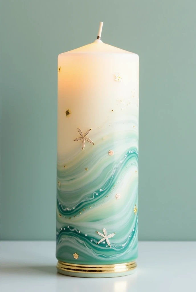 An elegantly styled candle with a beach motif 