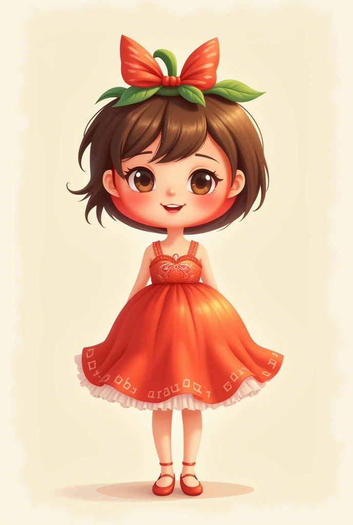 Create a tomato cartoon character, a cute woman wearing a dress, skirt and ballet shoes and sticking a bow on her head.