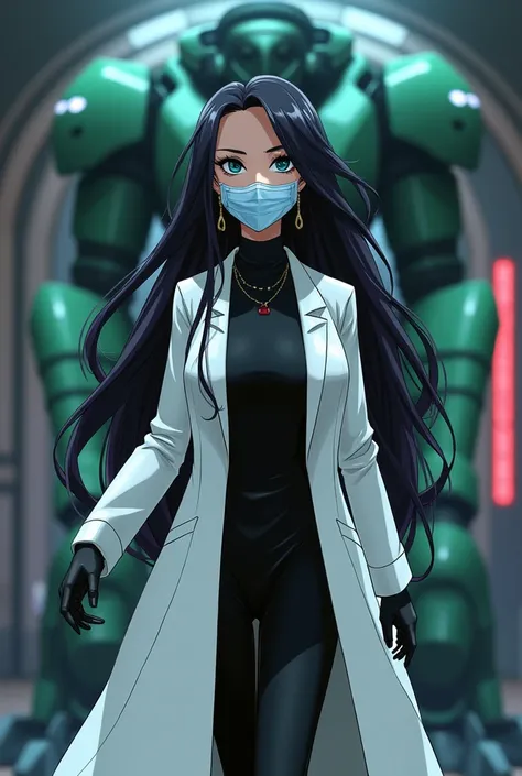 Animation style 
Driving robot
Driving giant robot
Controlling robot
Controlling giant robot 
Long hair
Woman
Adult
Human
45 years old 
Evil eyes 
Evil smile 
Villain
Red lips
Light blue Surgical mask
Light blue mask
White coat
Dr. Anya Nox has black hair ...