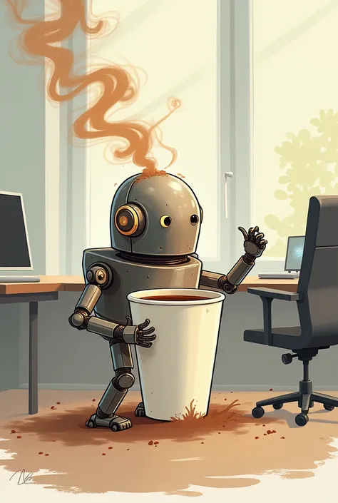 "Digital drawing of a small metal robot trying to drink a large cup of coffee, looking confused and agitated, coffee vapor fills the atmosphere, a funny scene in a modern office environment."